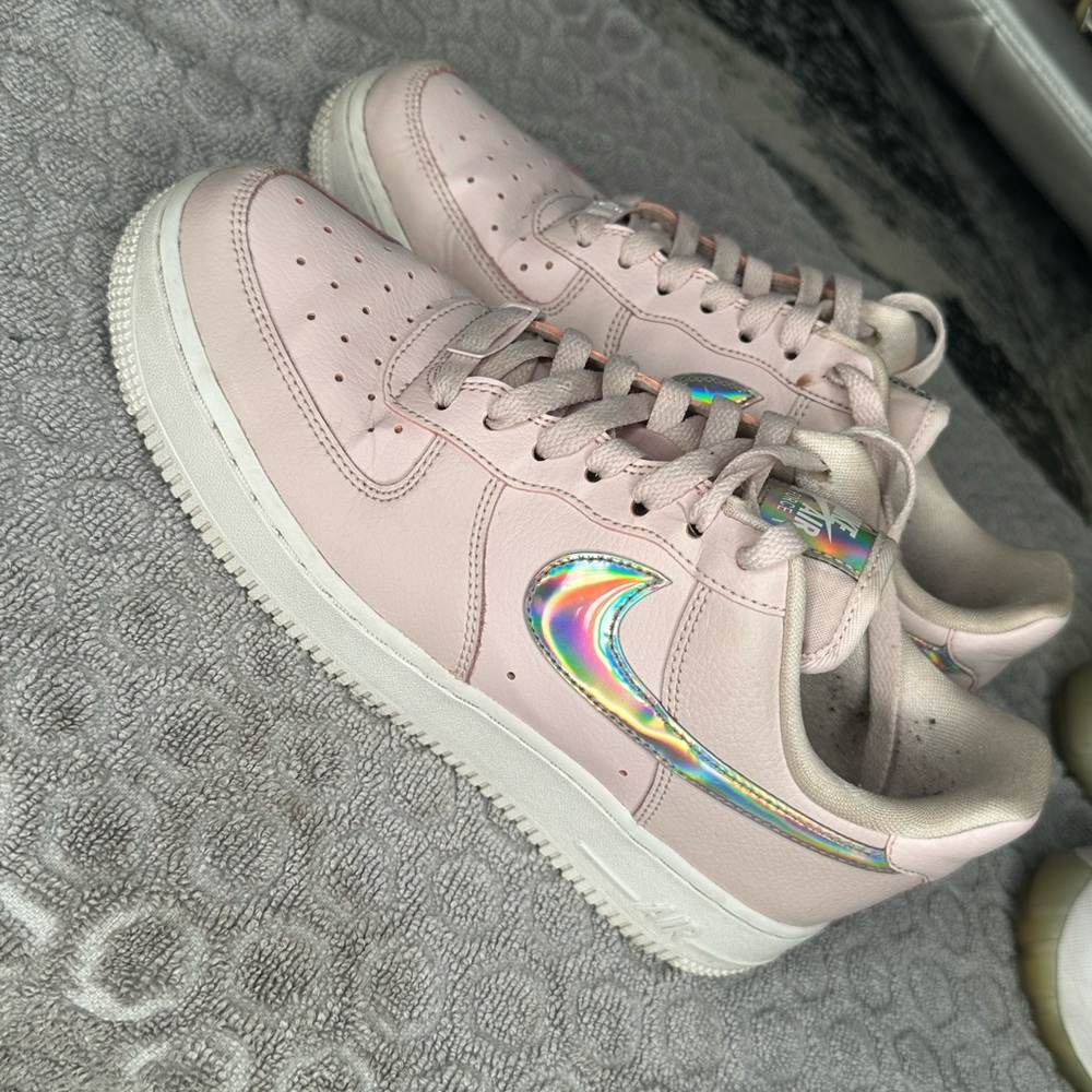 Nike Women's Soft Pink Sneakers with Iridescent Swoosh